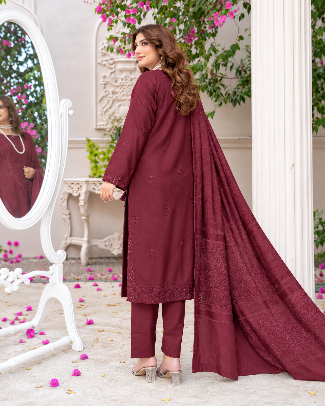 Riaz Arts Musfirah Luxury Winter Embroidered Wool Touch Peach Suit