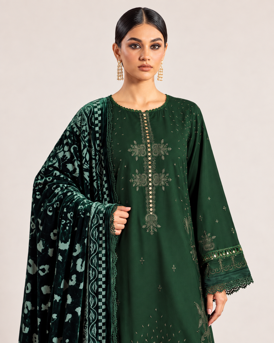Riaz Arts Exclusive by Daria Embroidered Leather Peach Suit with Velvet Palachi Shawl