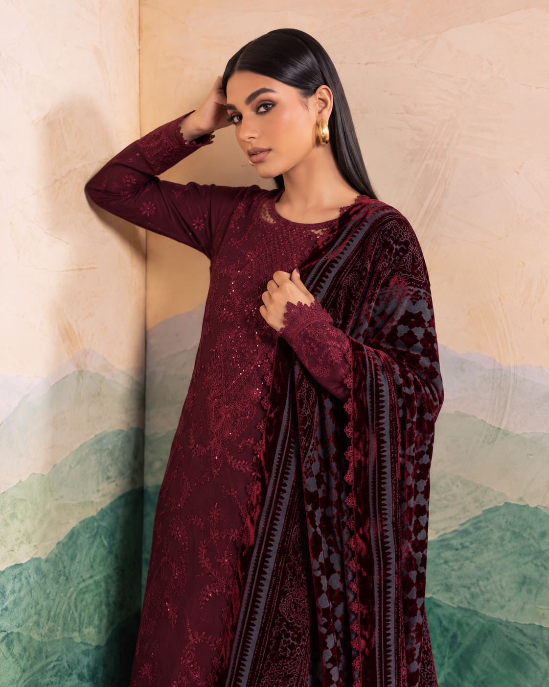 Riaz Arts Exclusive by Daria Embroidered Leather Peach Suit with Velvet Palachi Shawl