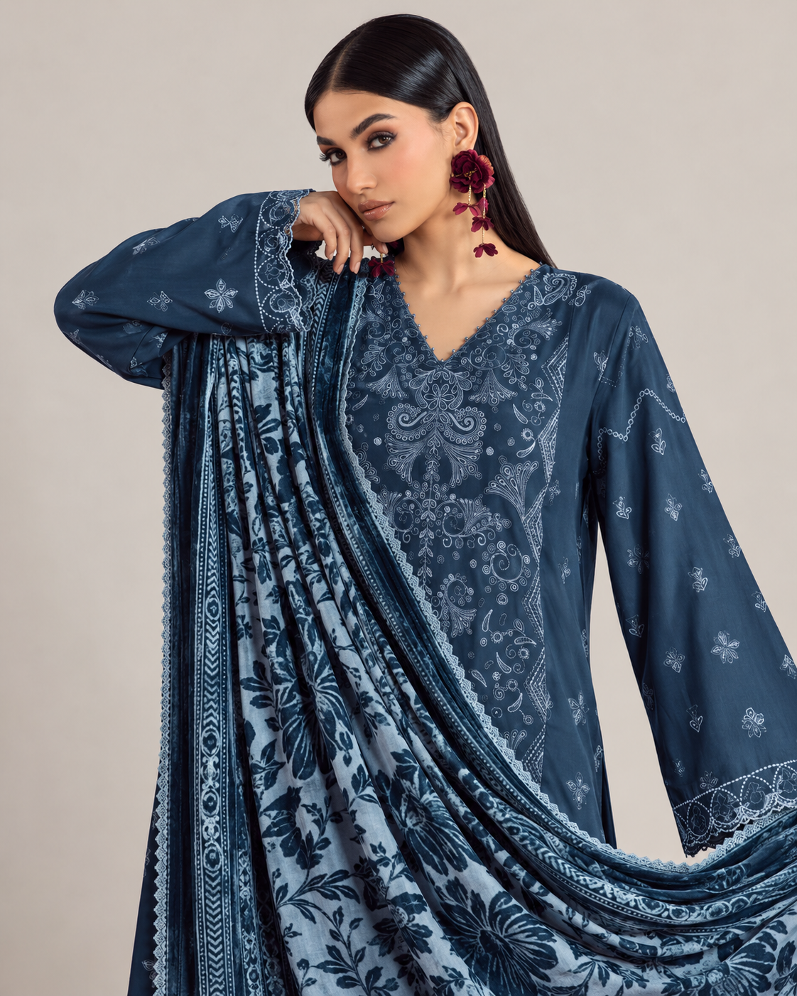 Riaz Arts Exclusive by Daria Embroidered Leather Peach Suit with Velvet Palachi Shawl