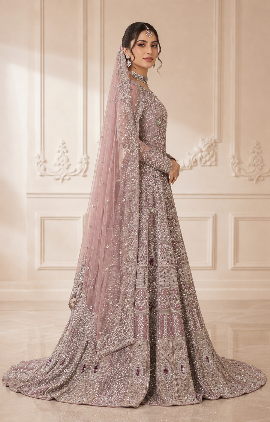 Dusty Rose Handmade Cora Dabka Maxi Dress for Wedding – Ready to Wear