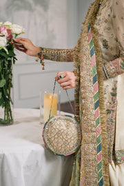 Embroidered Handwork Zari Masoori 14-Piece Unstitched Suit With Organza & Silk Borders, Digital Printed Chiffon Dupatta & Dyed Silk Trousers