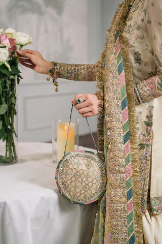 Embroidered Handwork Zari Masoori 14-Piece Unstitched Suit With Organza & Silk Borders, Digital Printed Chiffon Dupatta & Dyed Silk Trousers