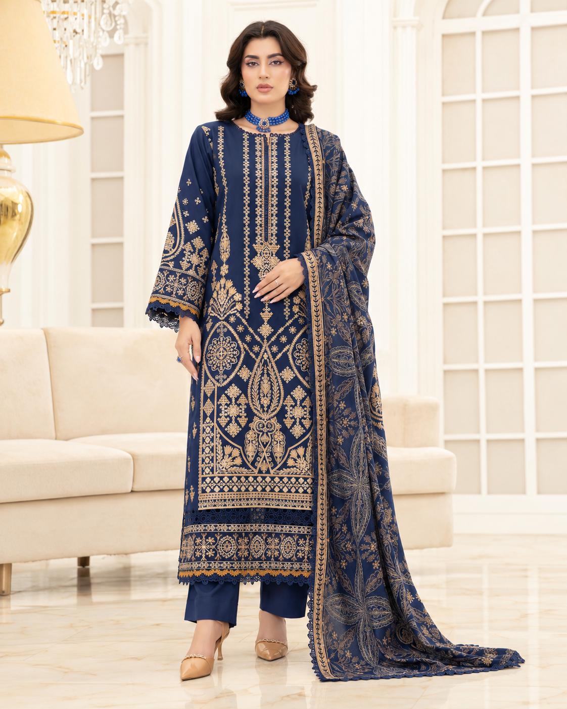 Mahveen by Johra Luxury Winter Embroidered Peach Leather Suit with Wool Shawl