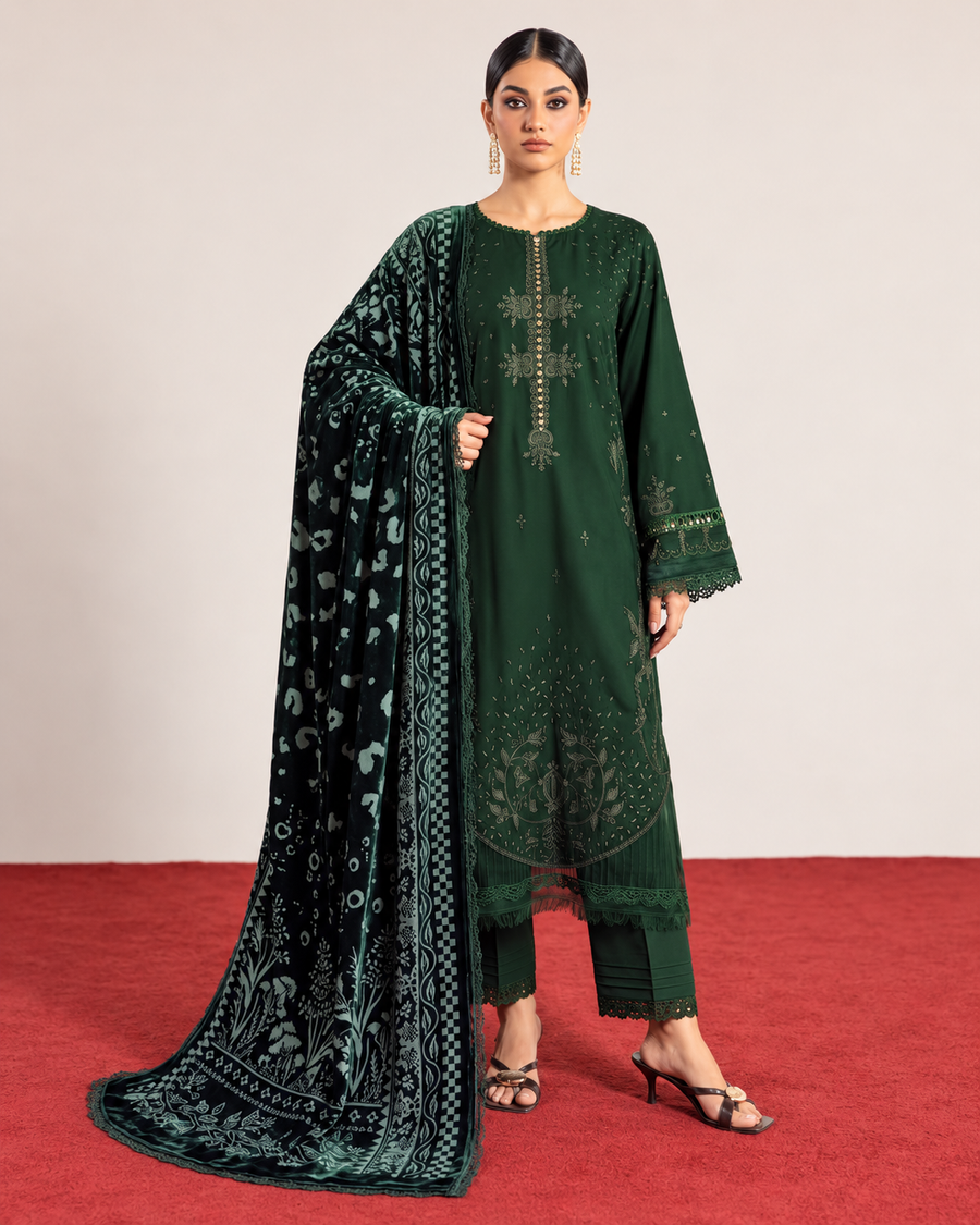 Riaz Arts Exclusive by Daria Embroidered Leather Peach Suit with Velvet Palachi Shawl