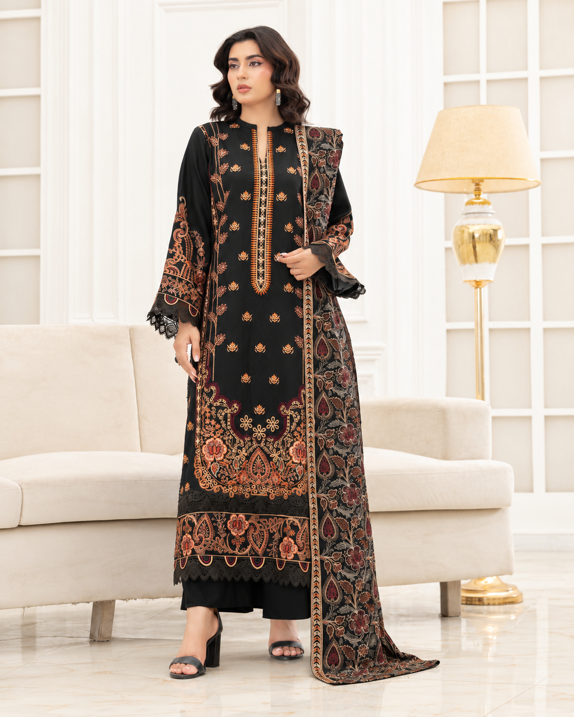 Mahveen by Johra Luxury Winter Embroidered Peach Leather Suit with Wool Shawl