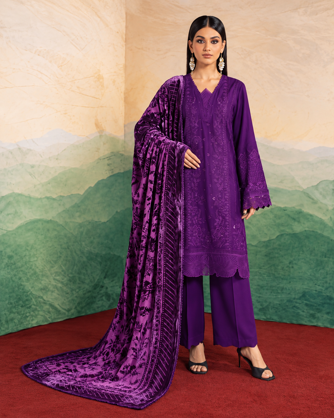 Riaz Arts Exclusive by Daria Embroidered Leather Peach Suit with Velvet Palachi Shawl