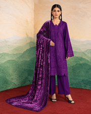Riaz Arts Exclusive by Daria Embroidered Leather Peach Suit with Velvet Palachi Shawl