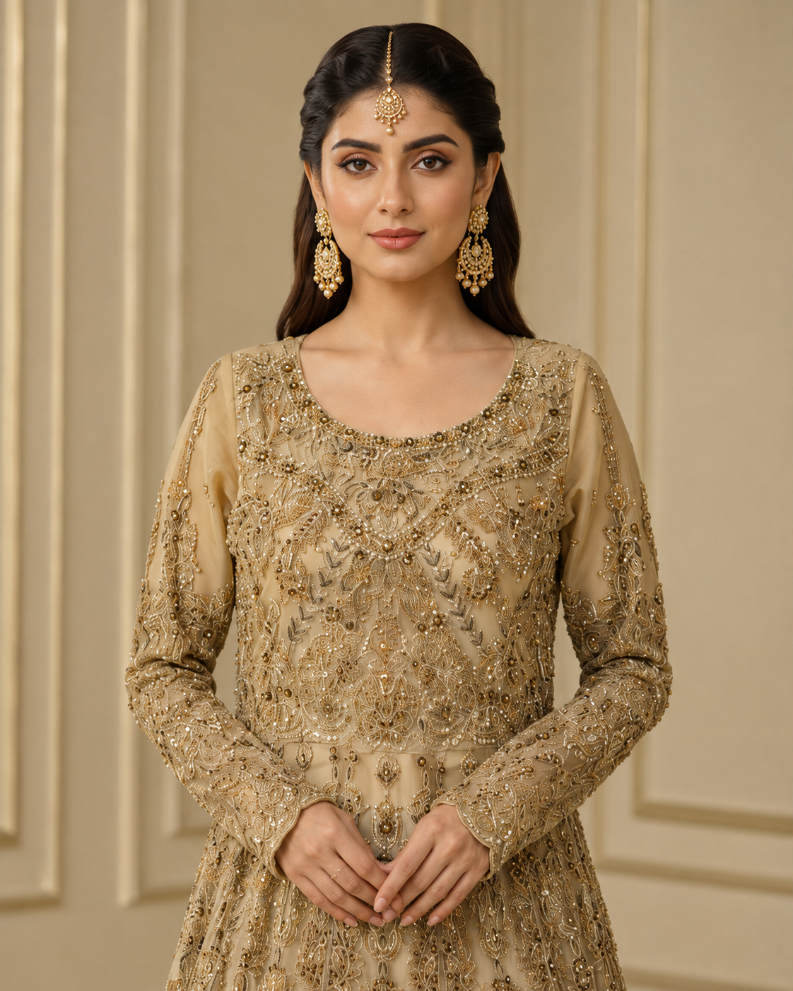 Champagne Gold Handmade Cora Dabka Maxi Dress for Wedding – Ready to Wear