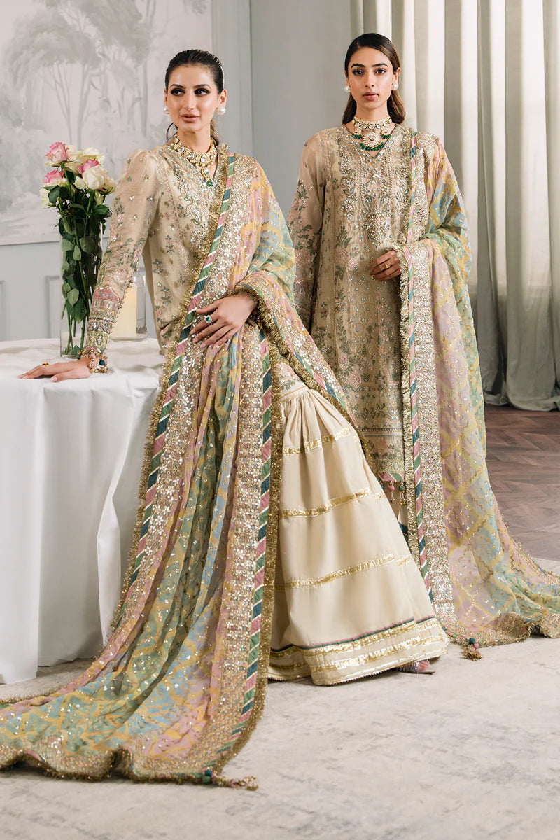 Embroidered Handwork Zari Masoori 14-Piece Unstitched Suit With Organza & Silk Borders, Digital Printed Chiffon Dupatta & Dyed Silk Trousers