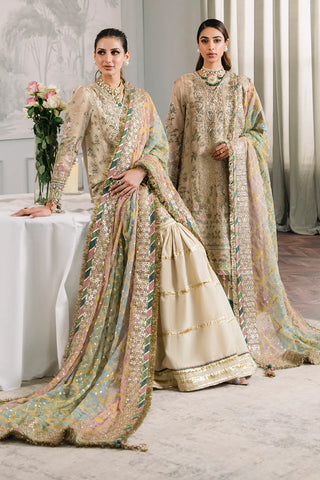 Embroidered Handwork Zari Masoori 14-Piece Unstitched Suit With Organza & Silk Borders, Digital Printed Chiffon Dupatta & Dyed Silk Trousers