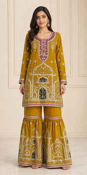 Mustard Handmade Mehndi Dress Gharara Set
