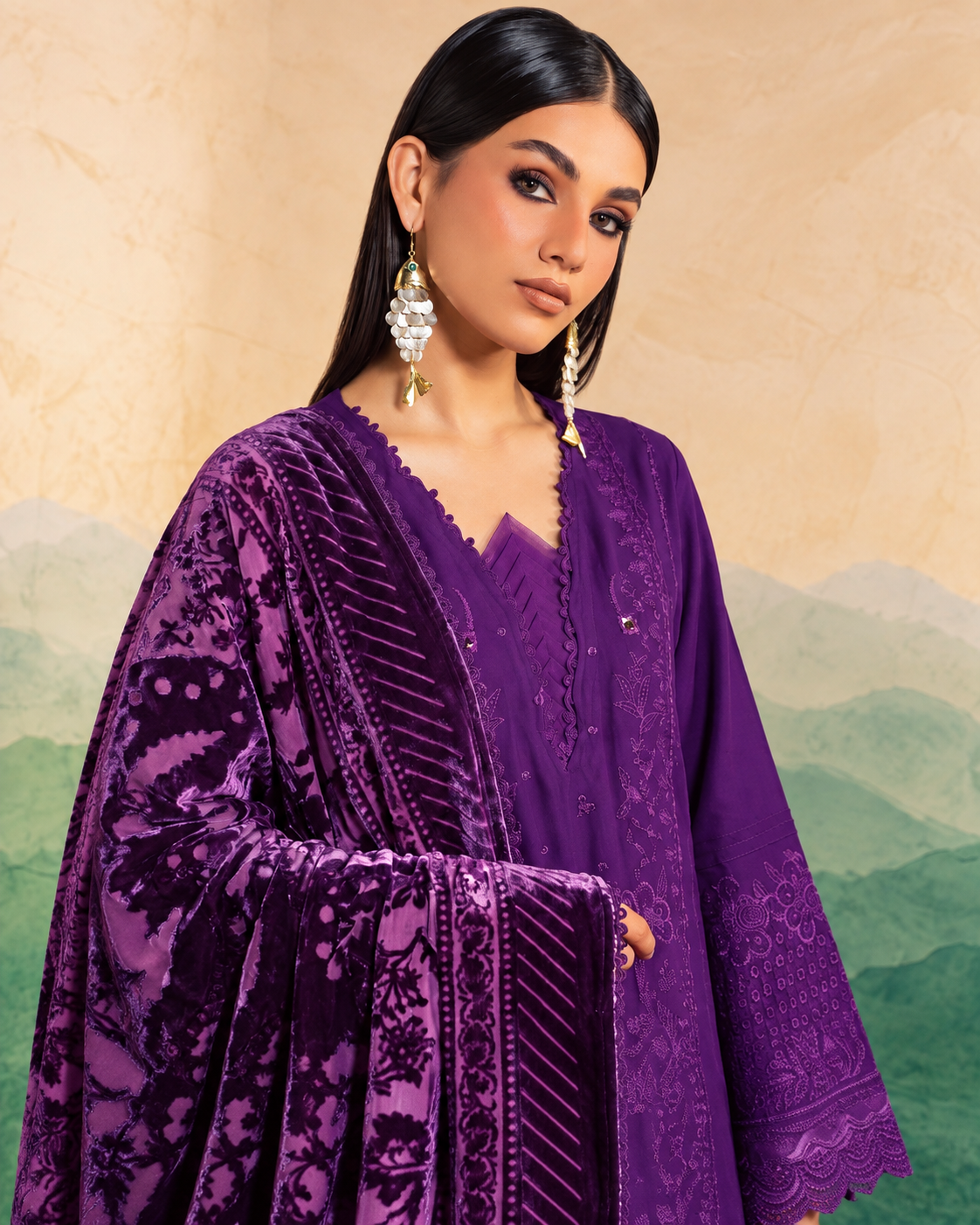 Riaz Arts Exclusive by Daria Embroidered Leather Peach Suit with Velvet Palachi Shawl