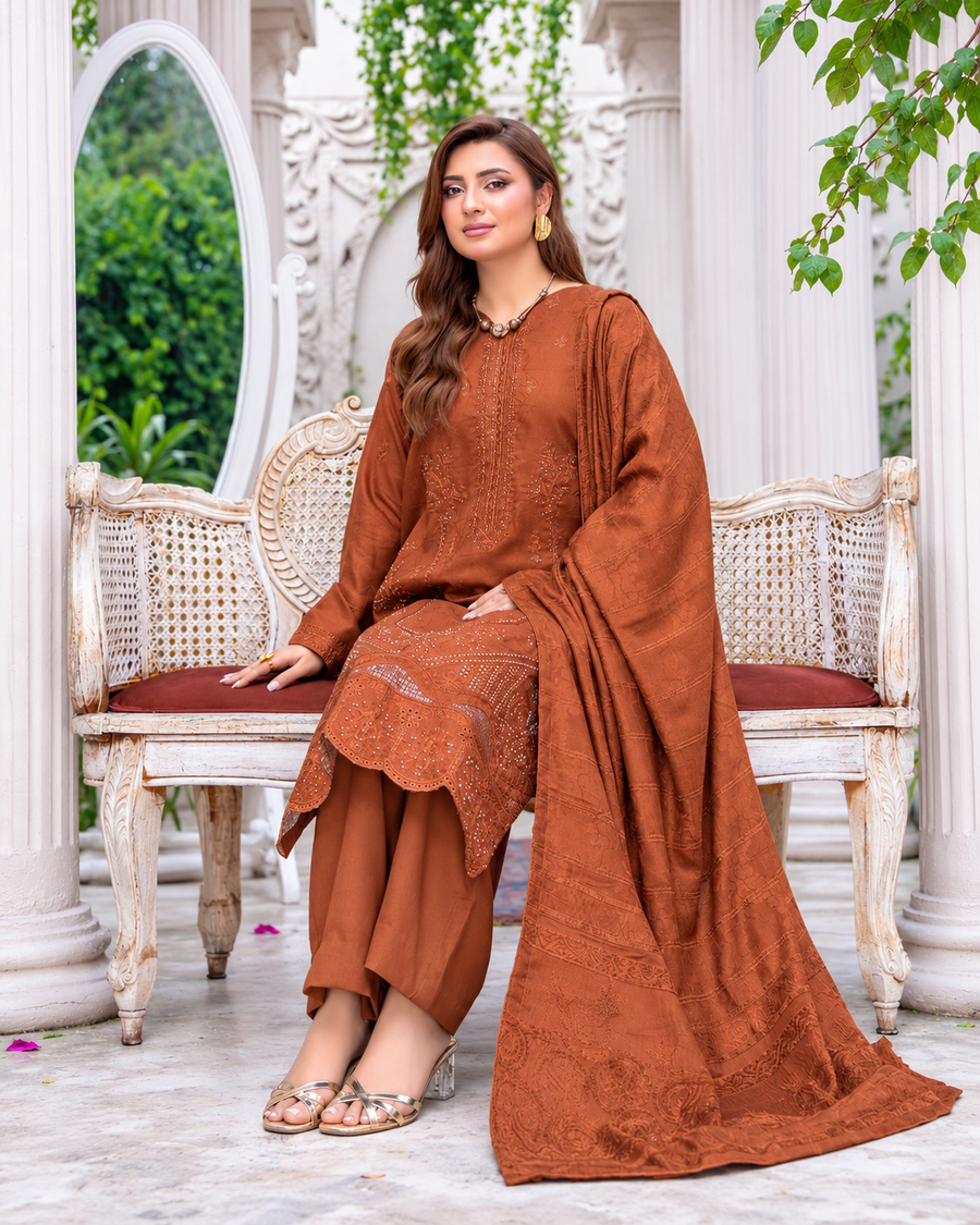 Riaz Arts Musfirah Luxury Winter Embroidered Wool Touch Peach Suit