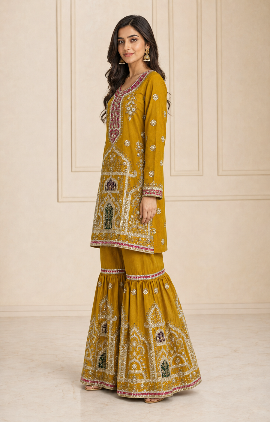 Mustard Handmade Mehndi Dress Gharara Set