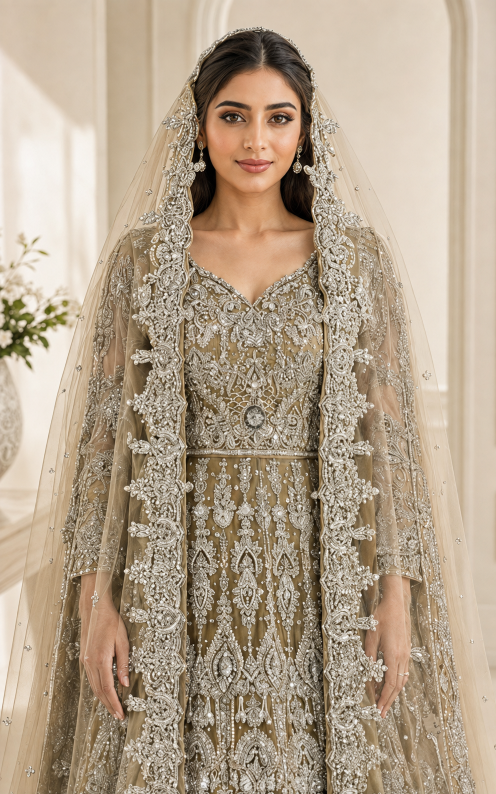 Champagne Taupe Cora Dabka Tail Maxi Dress for Wedding – Ready to Wear
