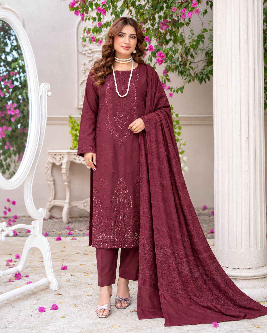 Riaz Arts Musfirah Luxury Winter Embroidered Wool Touch Peach Suit