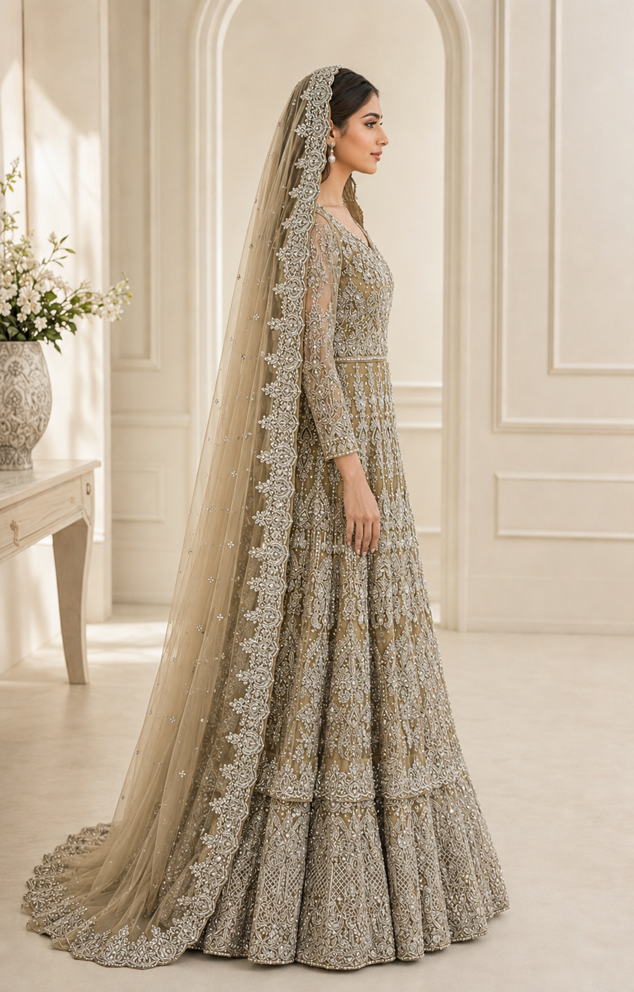 Champagne Taupe Cora Dabka Tail Maxi Dress for Wedding – Ready to Wear