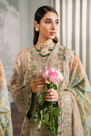 Embroidered Handwork Zari Masoori 14-Piece Unstitched Suit With Organza & Silk Borders, Digital Printed Chiffon Dupatta & Dyed Silk Trousers