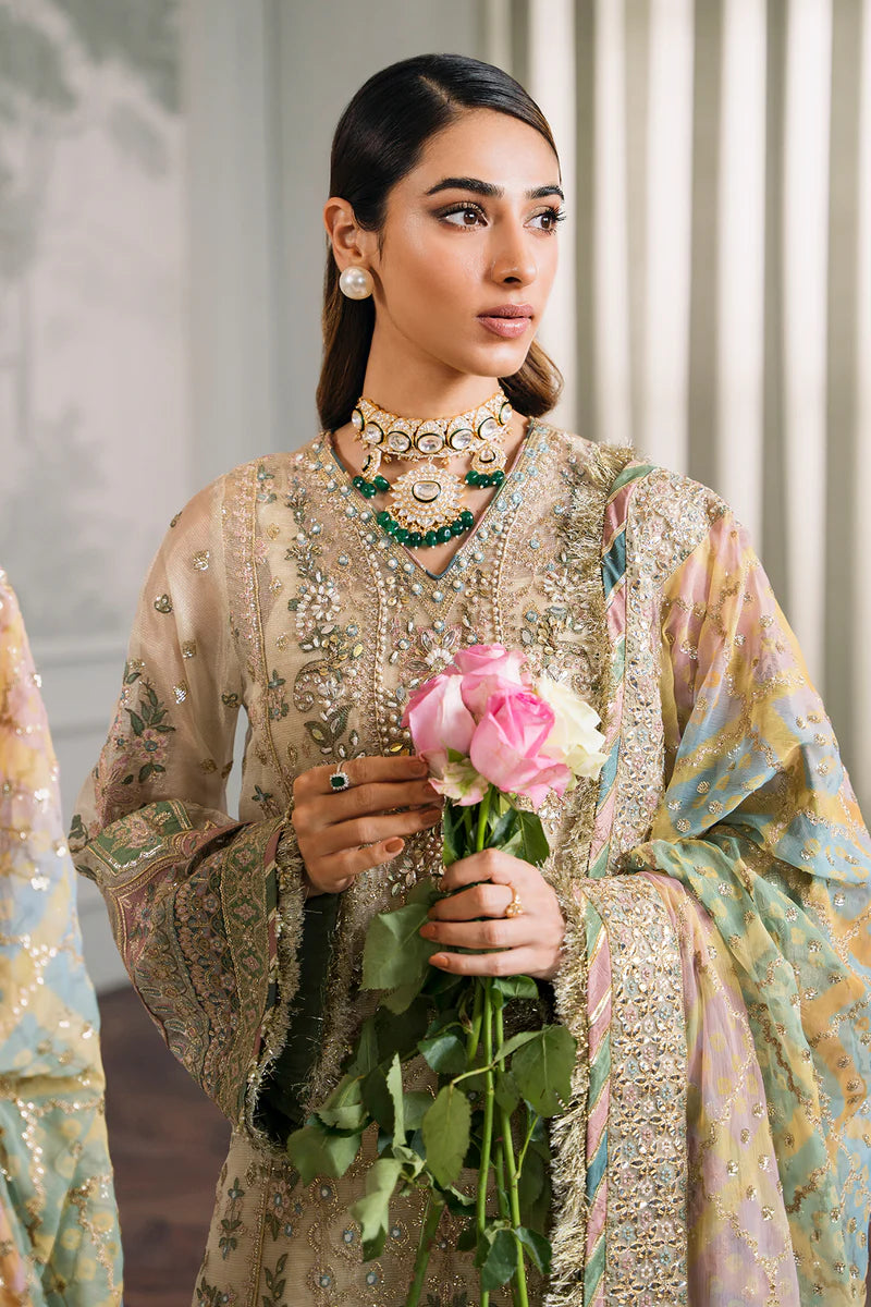 Embroidered Handwork Zari Masoori 14-Piece Unstitched Suit With Organza & Silk Borders, Digital Printed Chiffon Dupatta & Dyed Silk Trousers