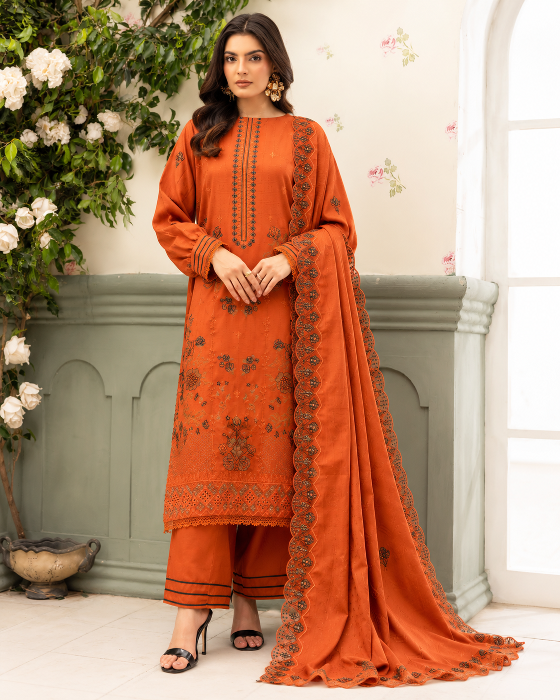 Shaista Festive Sami Peach Embroidered 3 Piece Suit with Full Embroidered Dupatta