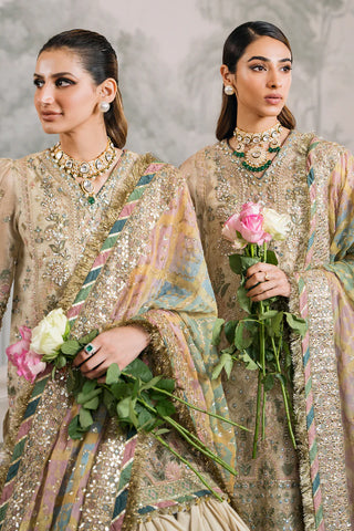 Embroidered Handwork Zari Masoori 14-Piece Unstitched Suit With Organza & Silk Borders, Digital Printed Chiffon Dupatta & Dyed Silk Trousers