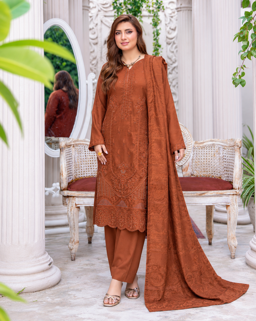 Riaz Arts Musfirah Luxury Winter Embroidered Wool Touch Peach Suit