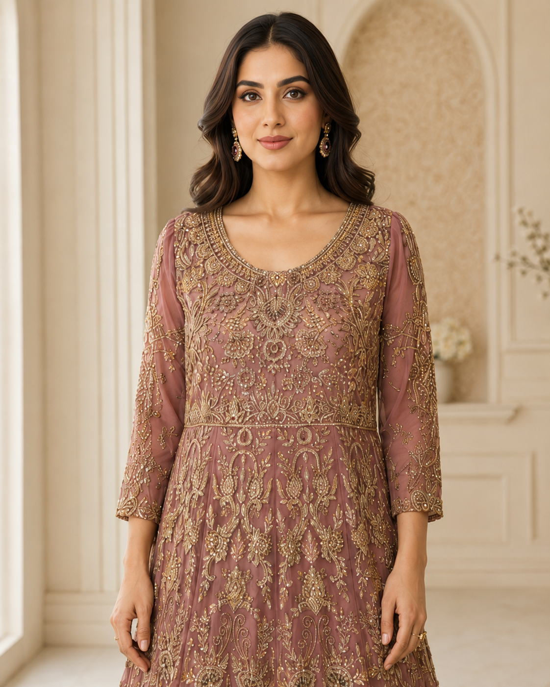 Dusty Mauve Handmade Cora Dabka Maxi Dress for Wedding – Ready to Wear