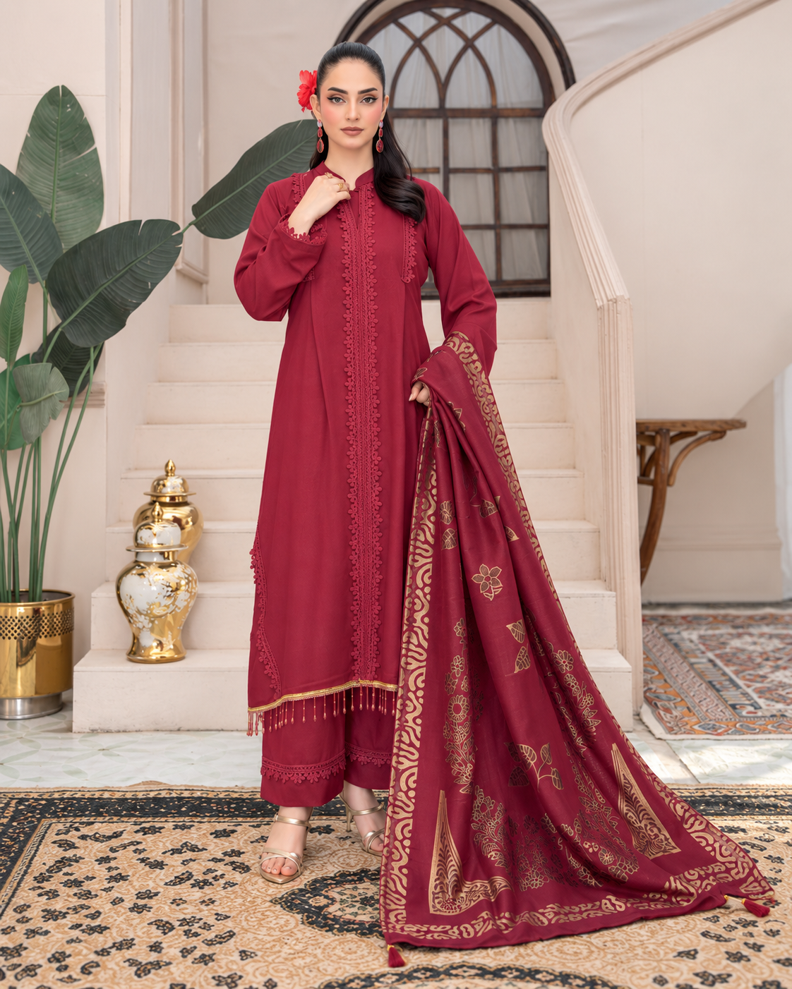 Riaz Arts Deedar Wool Touch Peach Suit with Banarsi Jacquard Wool Shawl