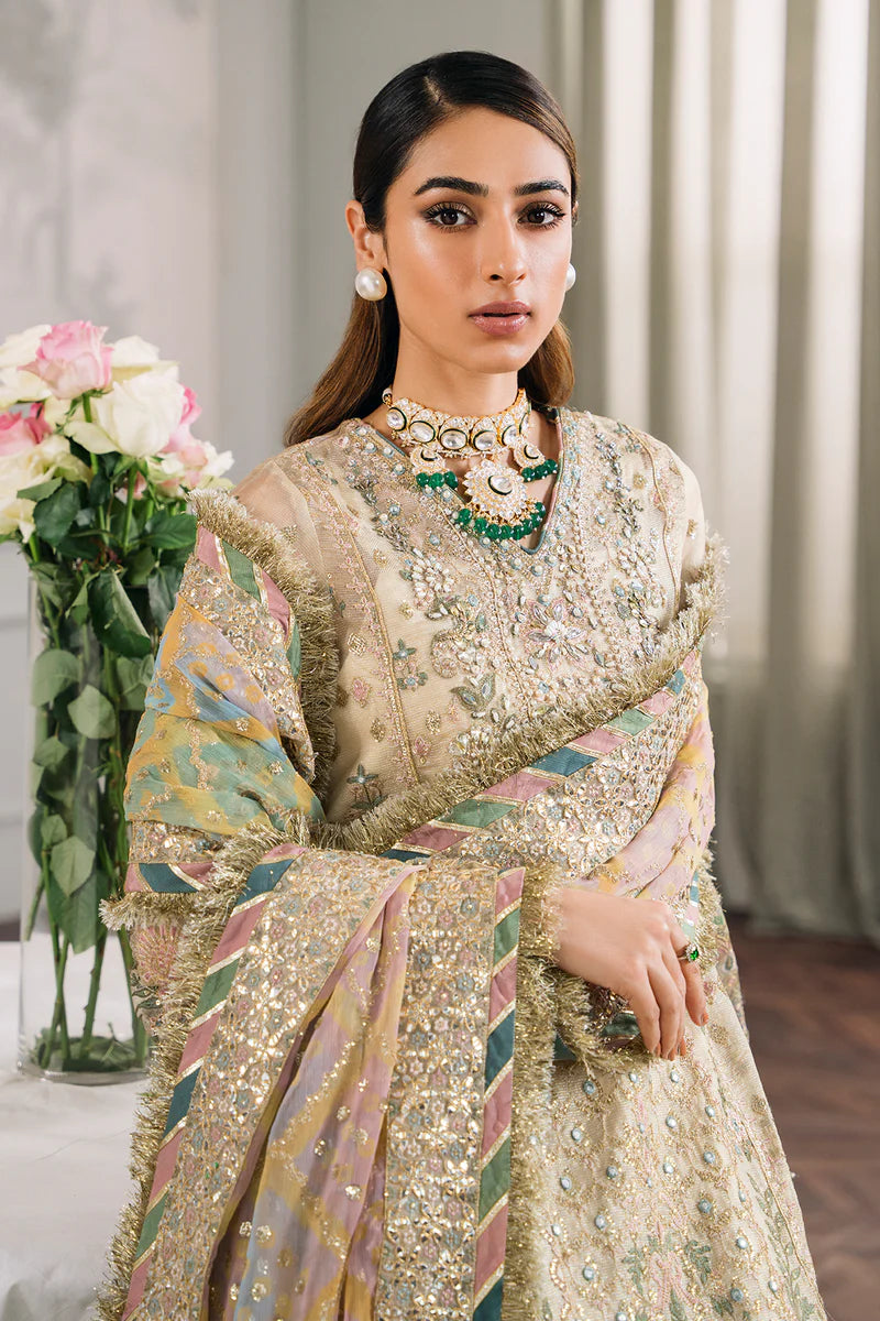 Embroidered Handwork Zari Masoori 14-Piece Unstitched Suit With Organza & Silk Borders, Digital Printed Chiffon Dupatta & Dyed Silk Trousers