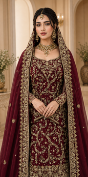 Classic Maroon Silk Bridal Farshi Lehenga with Floral Kora Dabka Work