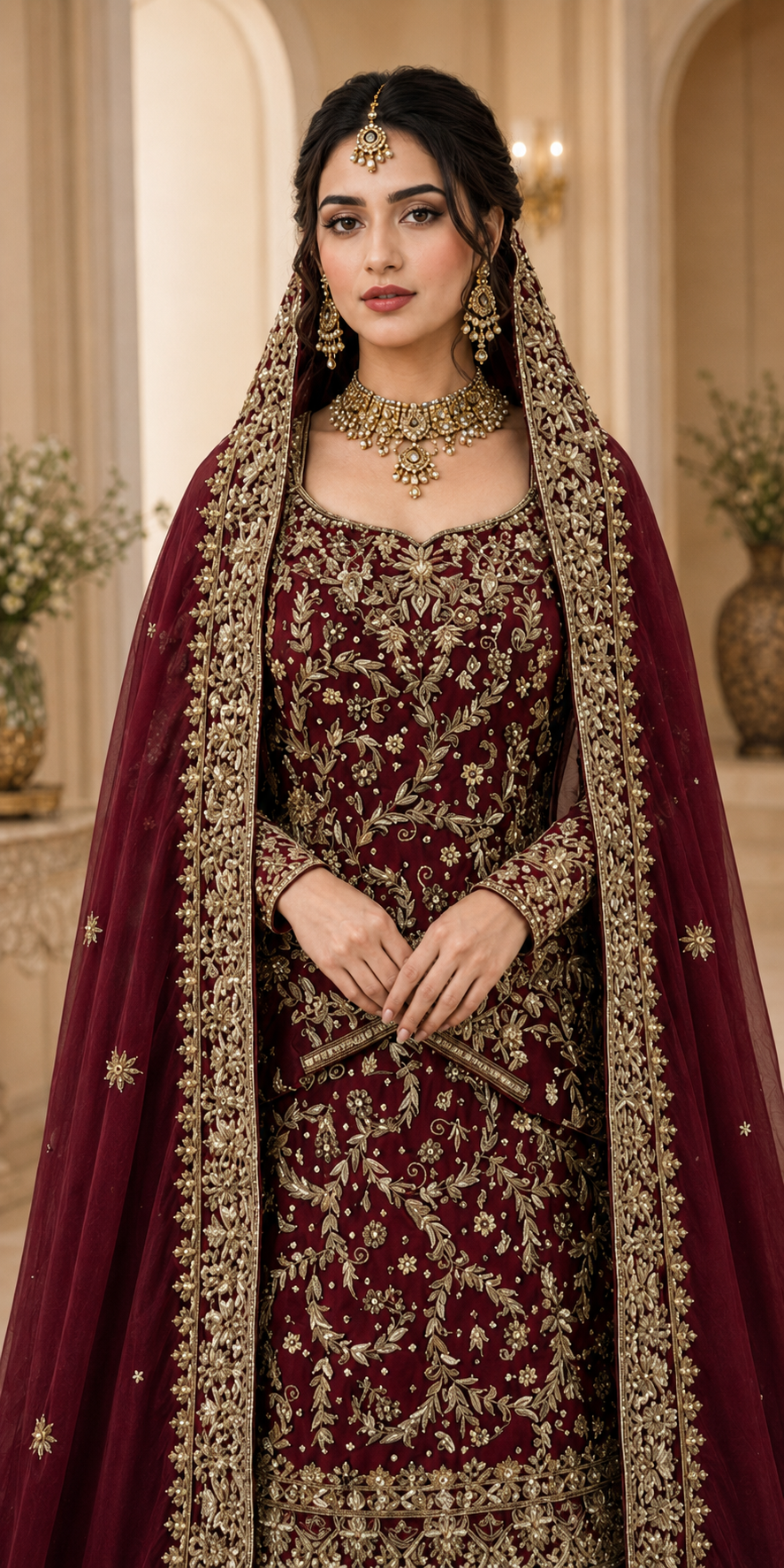 Classic Maroon Silk Bridal Farshi Lehenga with Floral Kora Dabka Work