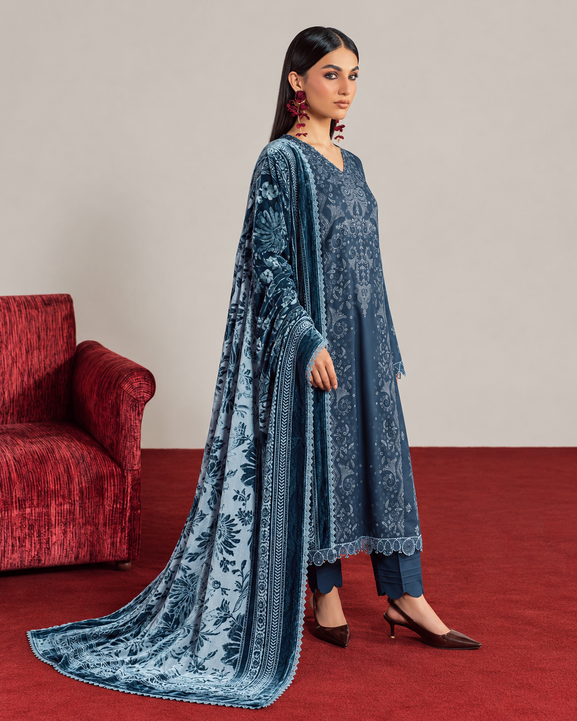 Riaz Arts Exclusive by Daria Embroidered Leather Peach Suit with Velvet Palachi Shawl