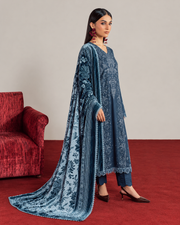 Riaz Arts Exclusive by Daria Embroidered Leather Peach Suit with Velvet Palachi Shawl