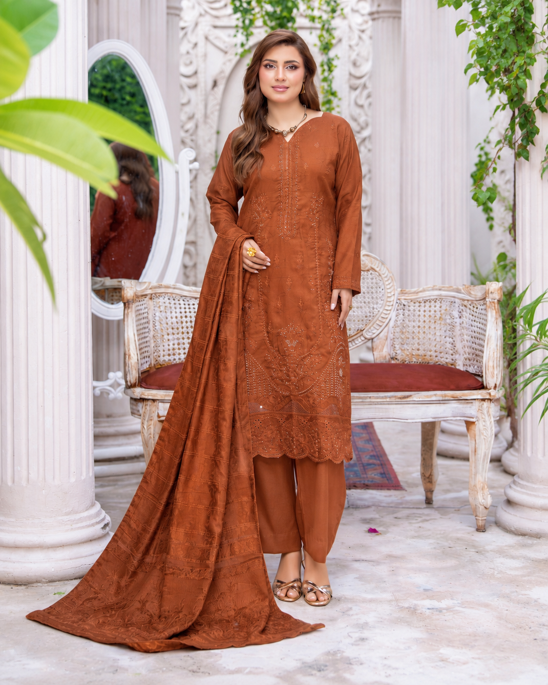 Riaz Arts Musfirah Luxury Winter Embroidered Wool Touch Peach Suit