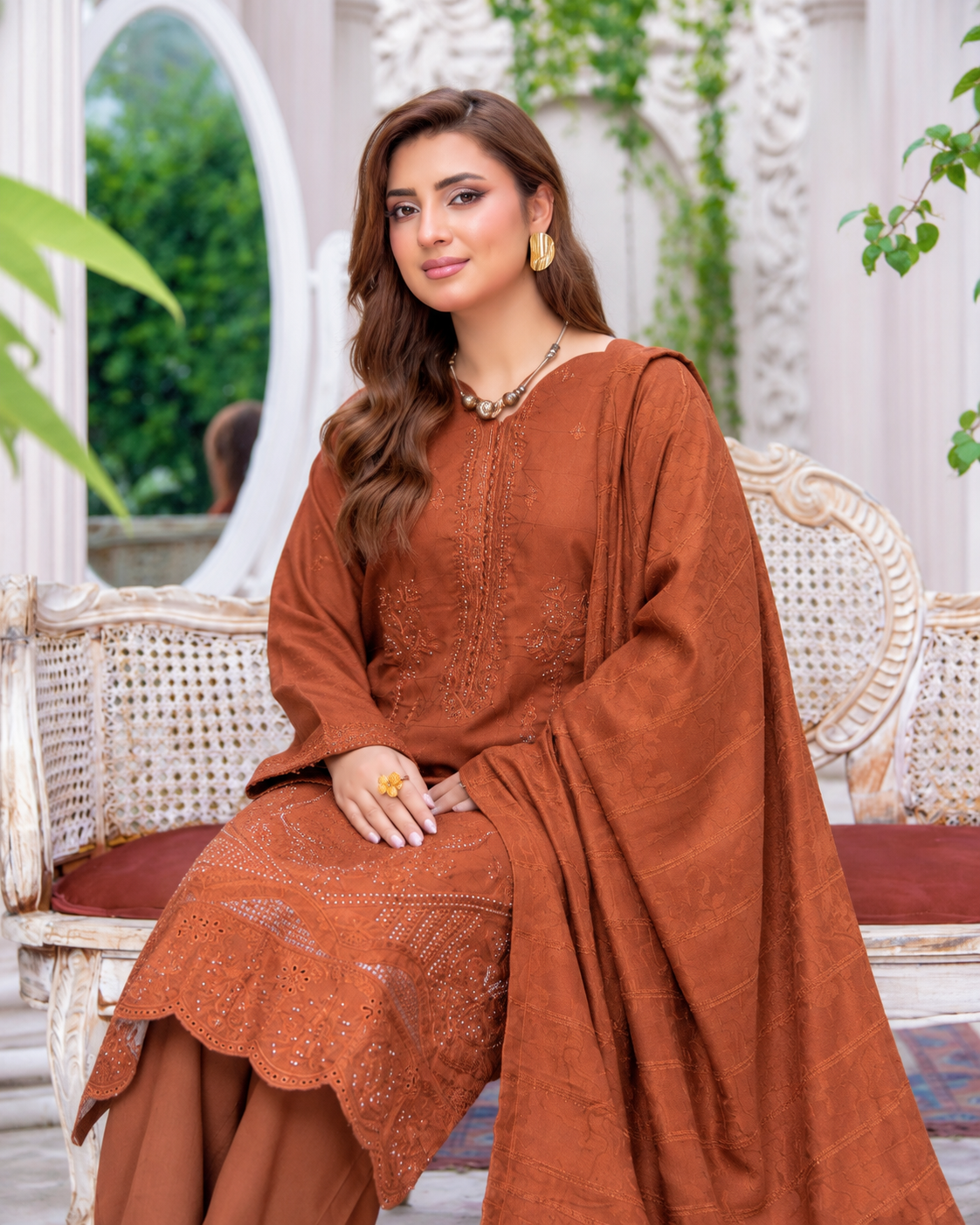 Riaz Arts Musfirah Luxury Winter Embroidered Wool Touch Peach Suit