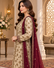 Ivory Gold Handworked Long Frock with Maroon Dupatta – Ready to Wear