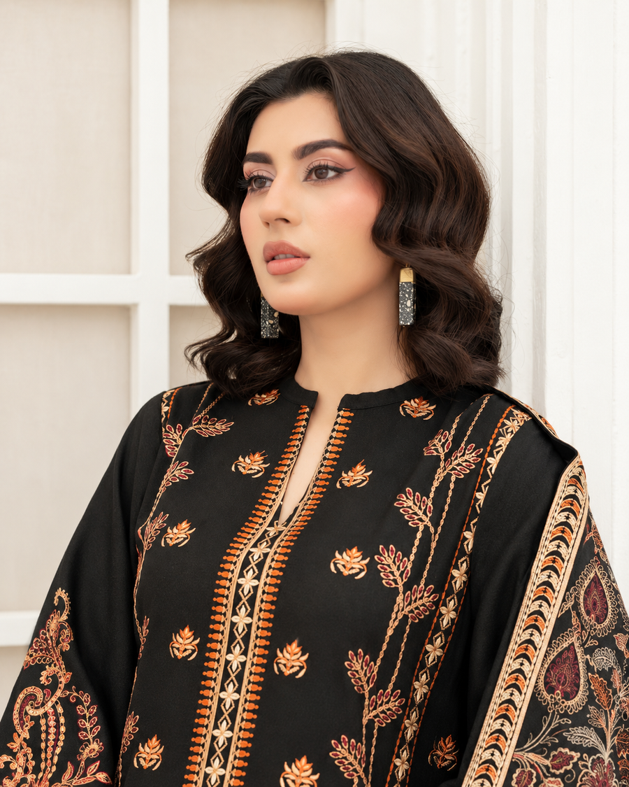 Mahveen by Johra Luxury Winter Embroidered Peach Leather Suit with Wool Shawl