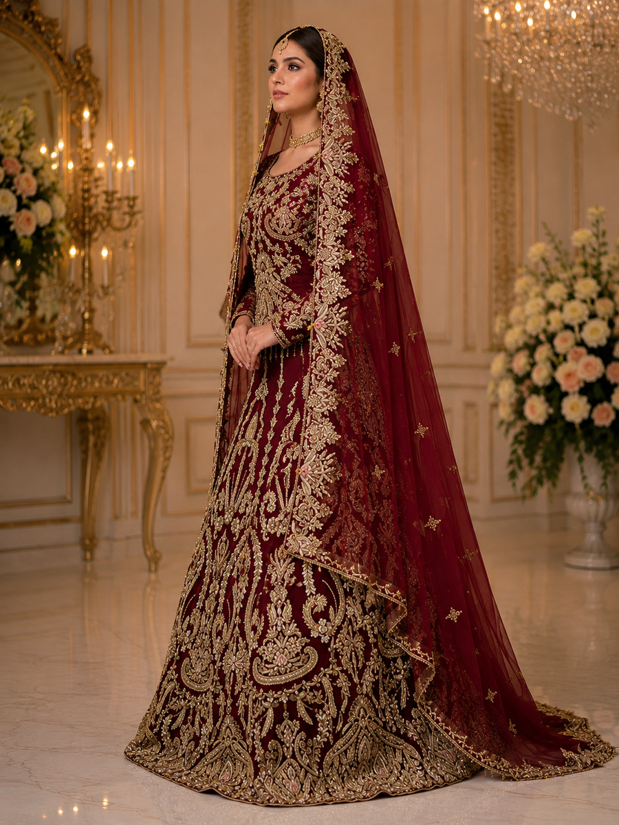 Royal Maroon Net Bridal Lehenga with Heavy Handmade Kora Dabka Work