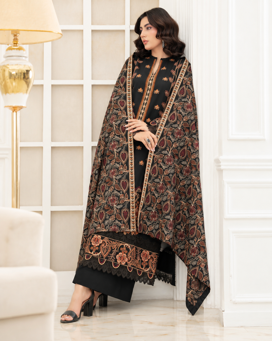 Mahveen by Johra Luxury Winter Embroidered Peach Leather Suit with Wool Shawl
