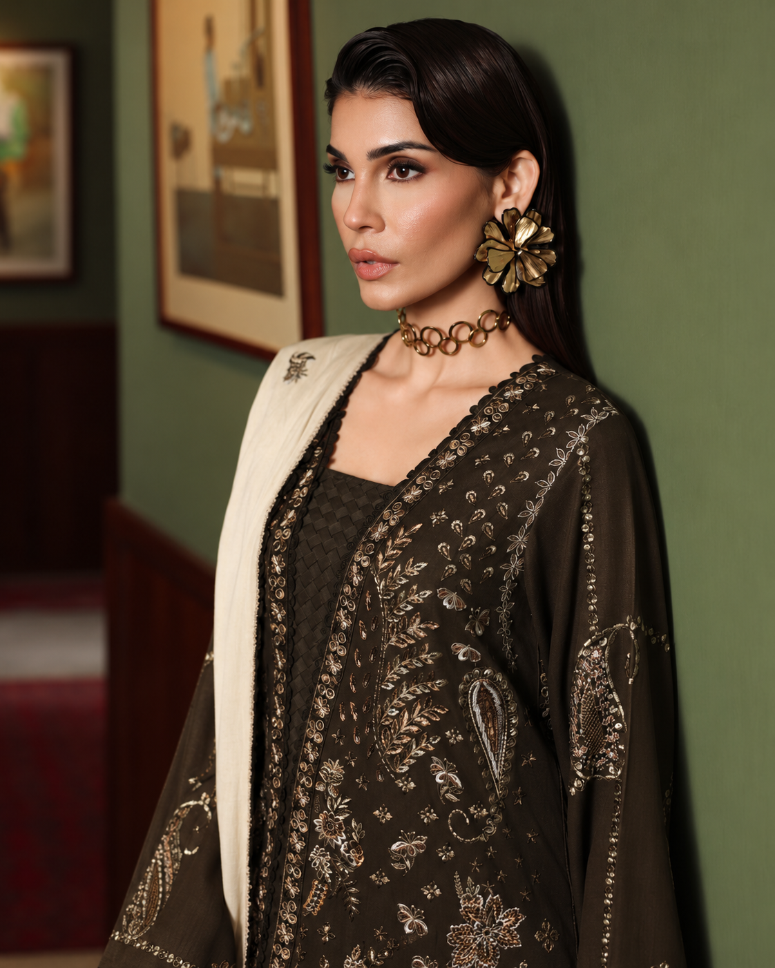 Riaz Arts Exclusive by Nurèh Embroidered Marina Suit with Embroidered Wool Shawl