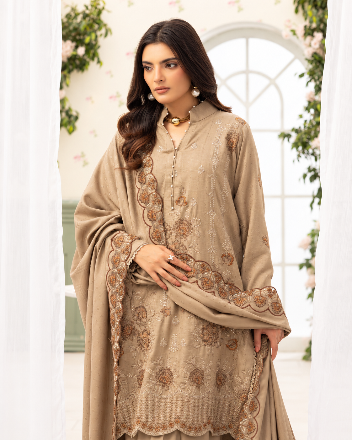 Shaista Festive Sami Peach Embroidered 3 Piece Suit with Full Embroidered Dupatta
