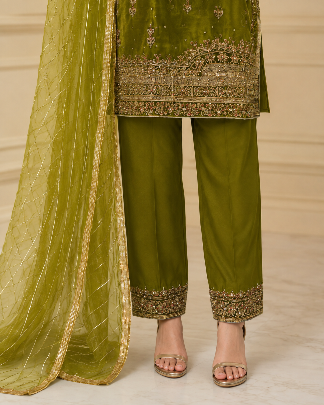 Olive Green Handmade Mehndi Dress Three-Piece Suit