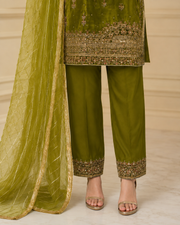 Olive Green Handmade Mehndi Dress Three-Piece Suit