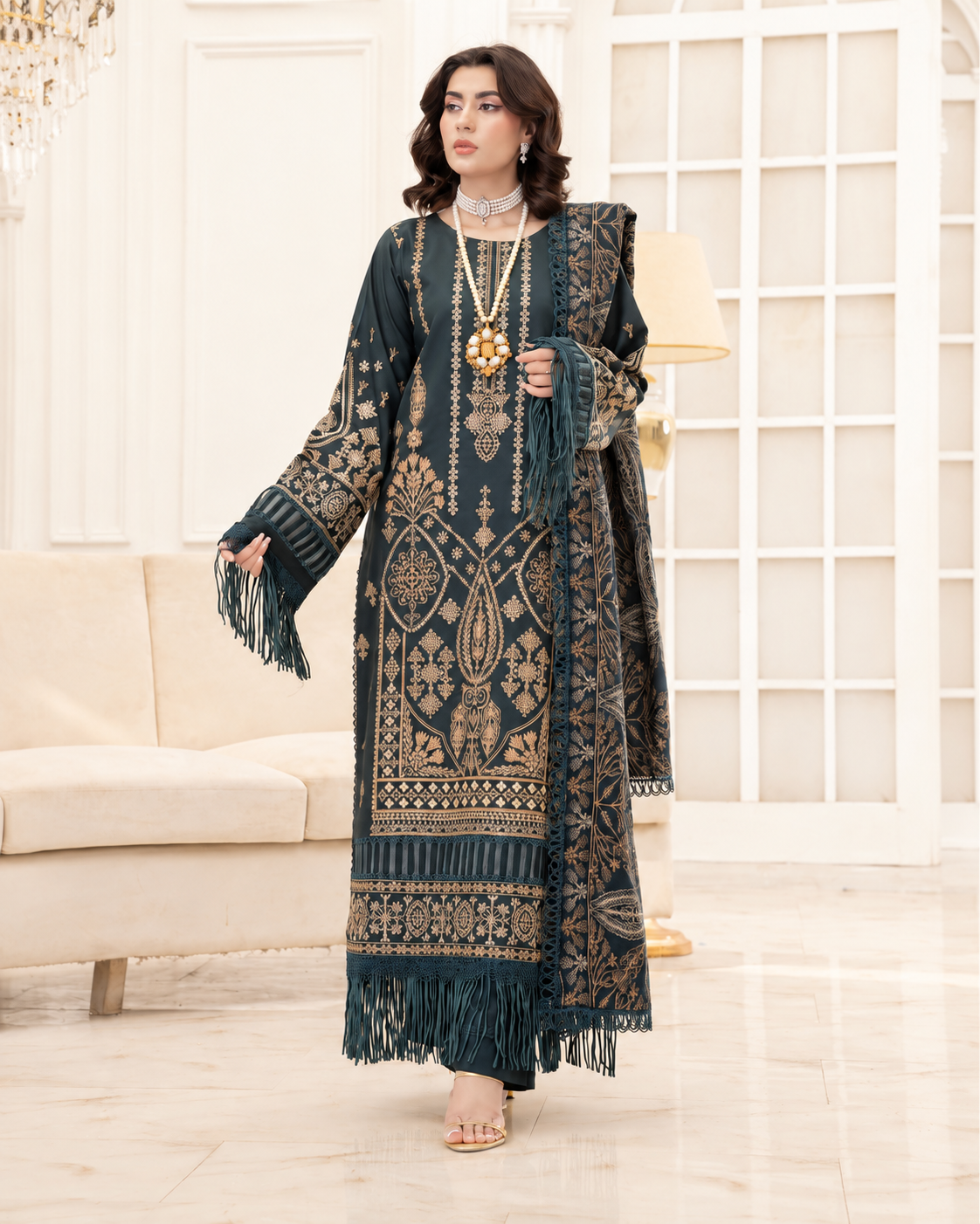 Mahveen by Johra Luxury Winter Embroidered Peach Leather Suit with Wool Shawl
