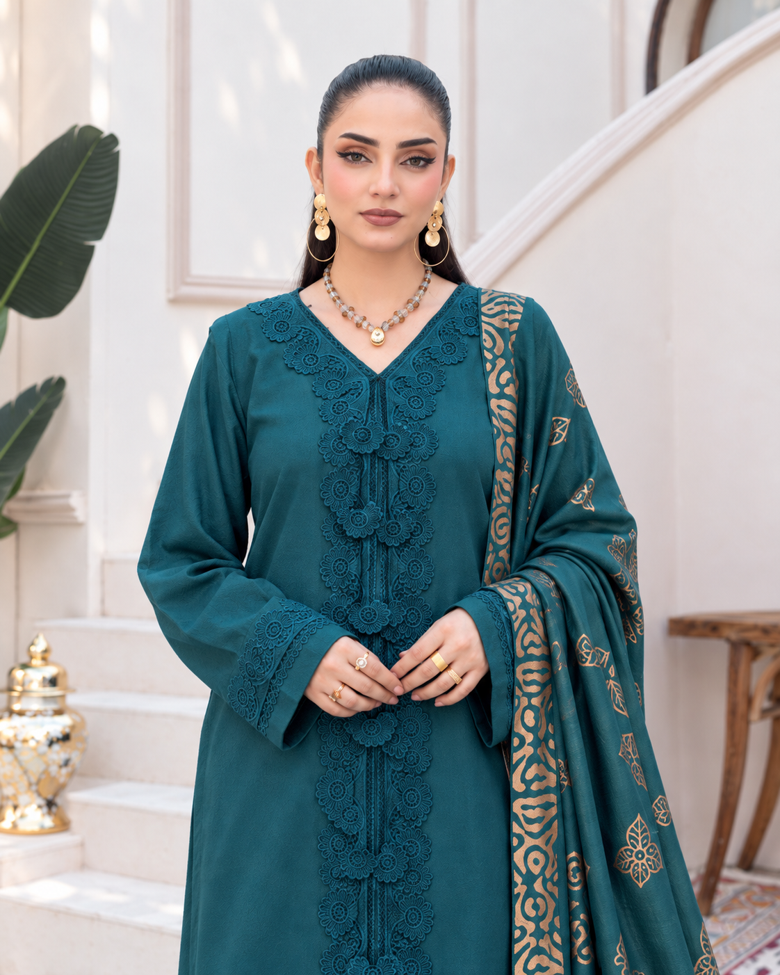 Riaz Arts Deedar Wool Touch Peach Suit with Banarsi Jacquard Wool Shawl
