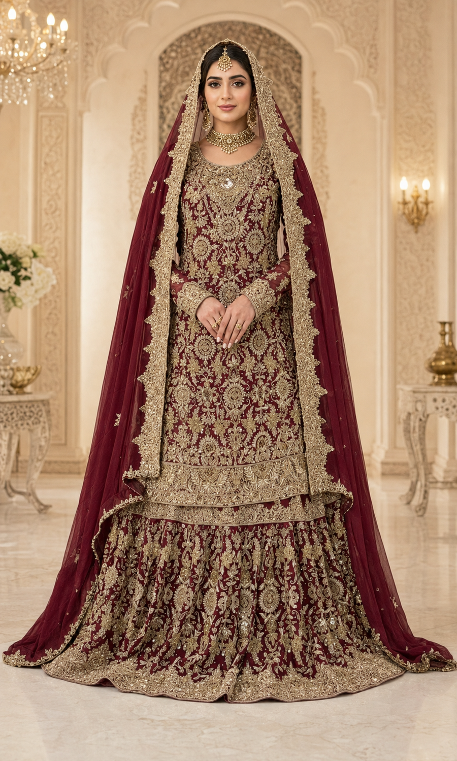 Heritage Maroon Chiffon Bridal Farshi Lehenga with Handmade Kora Dabka Work