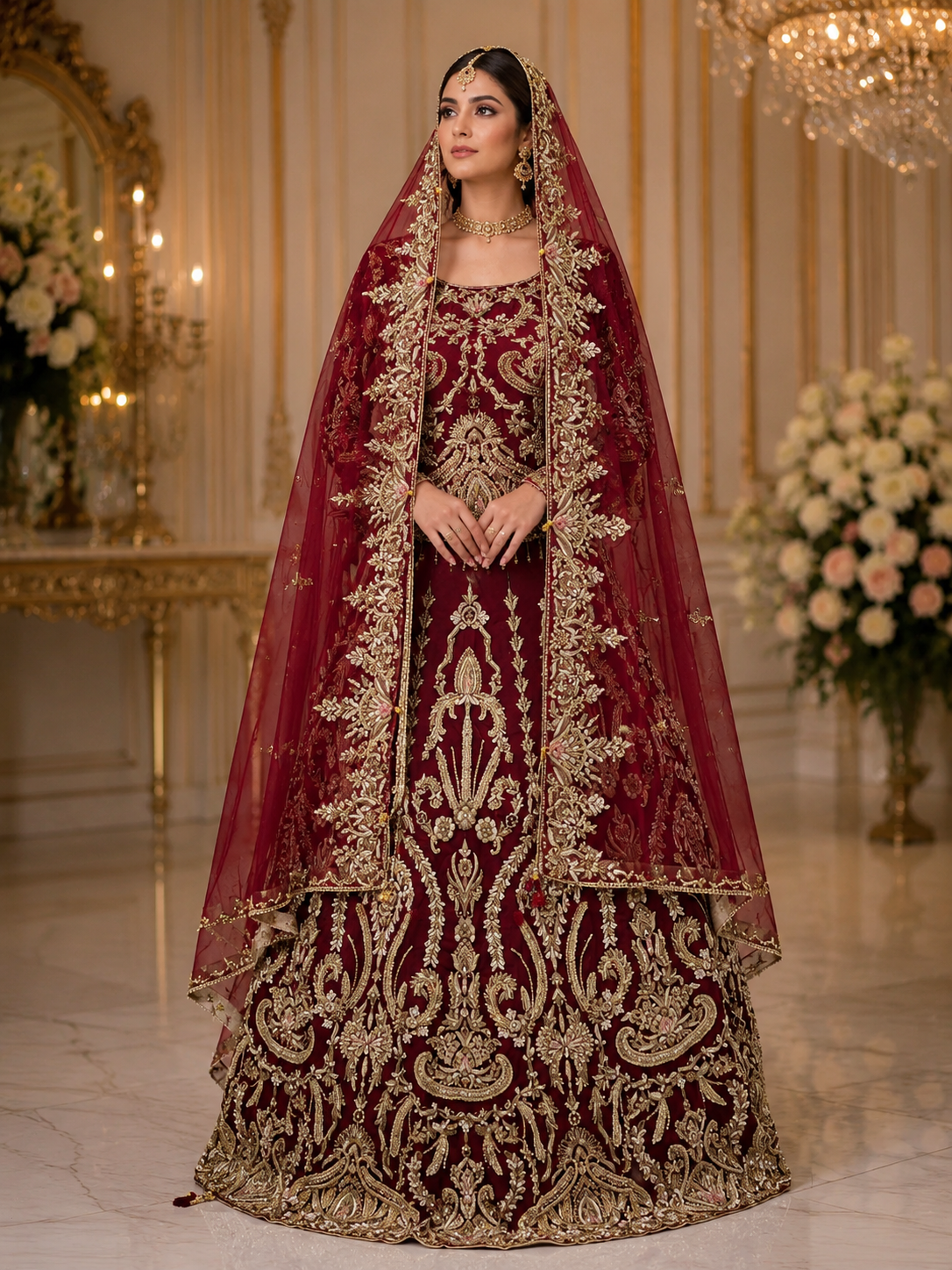Royal Maroon Net Bridal Lehenga with Heavy Handmade Kora Dabka Work