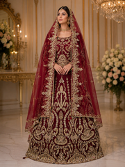 Royal Maroon Net Bridal Lehenga with Heavy Handmade Kora Dabka Work
