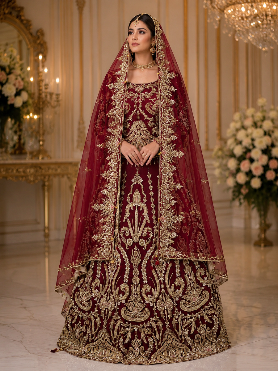 Royal Maroon Net Bridal Lehenga with Heavy Handmade Kora Dabka Work